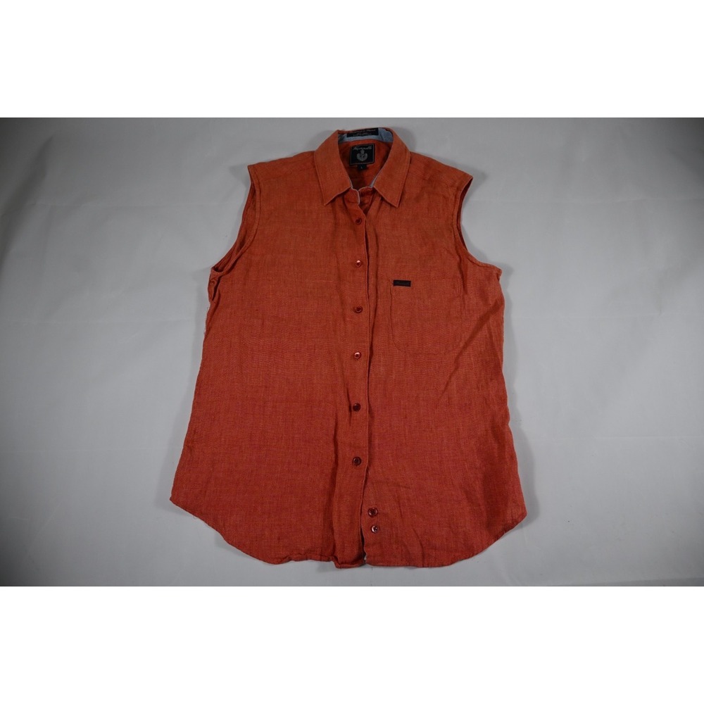 Faconnable Womens L Linen Sleeveless Shirt Orange Button Up France Casual